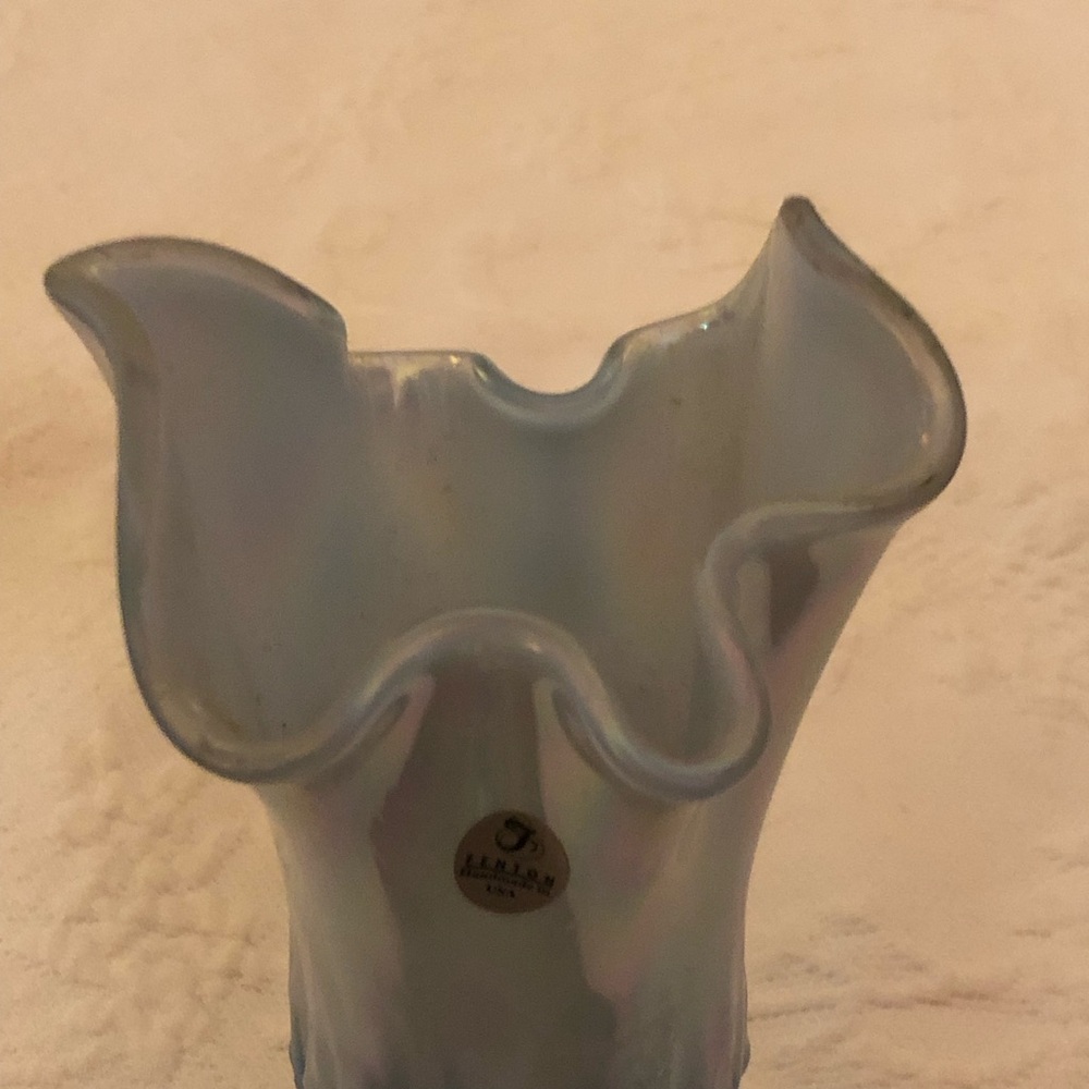 Fenton Iridescent Blue-Gray Ruffled Top Vase - Picture 3 of 14